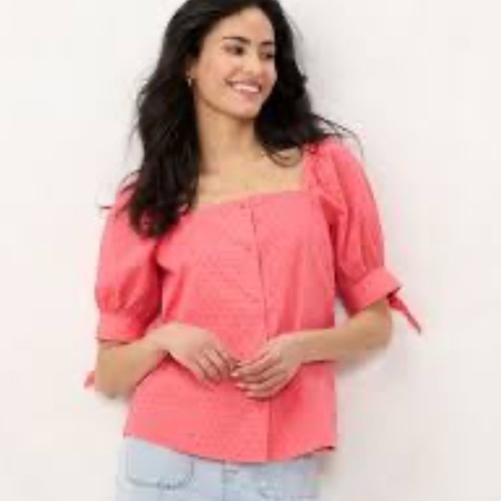 Women's Pink Puff Sleeve Swiss Dots Blouse Covered Buttons Knot Sleeve SZ Medium